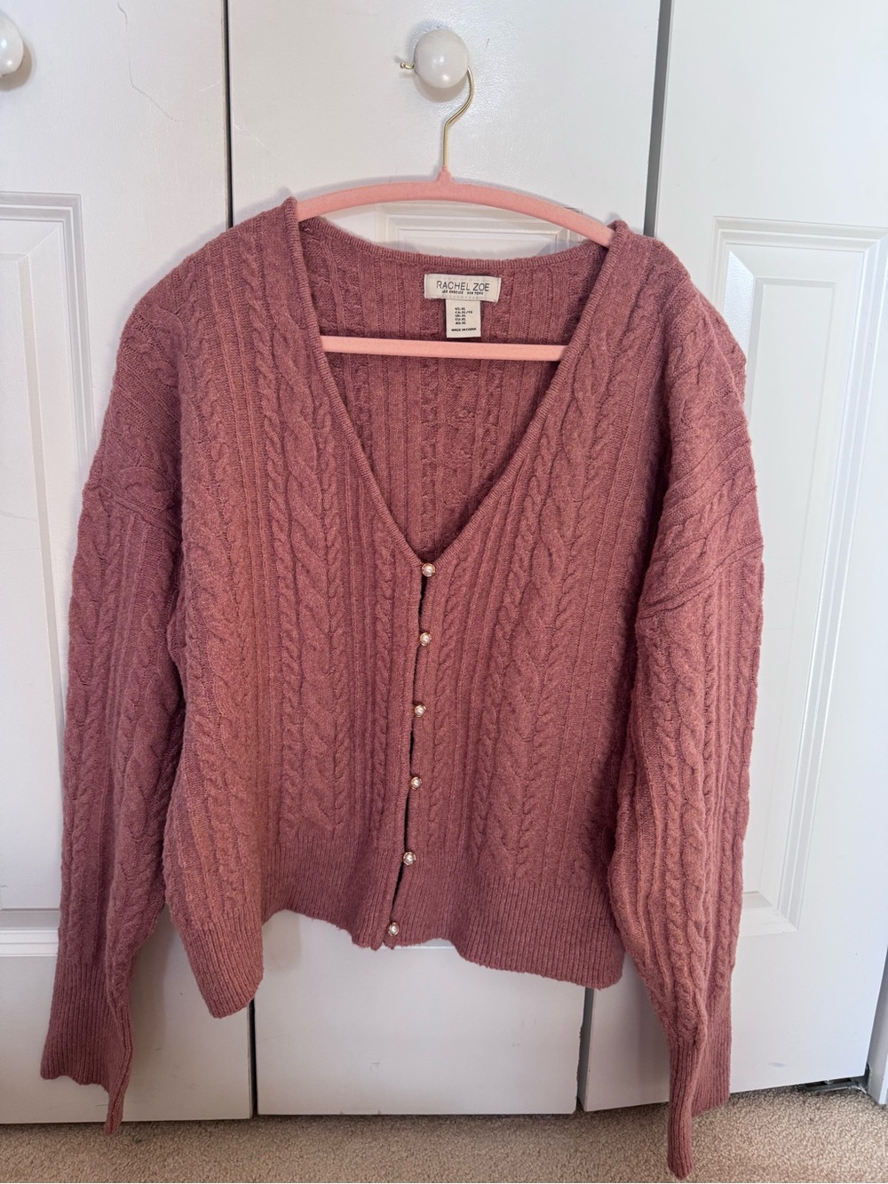 Rachel Zoe Rose Mauve Cable-Knit V-Neck Cardigan with Pearl Buttons